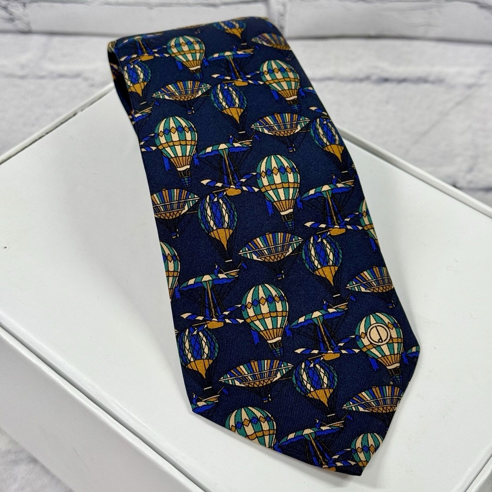 Dunhill Men's Silk Tie Hot Air Balloons Navy Made in Italy 58" Luxury Jacquard